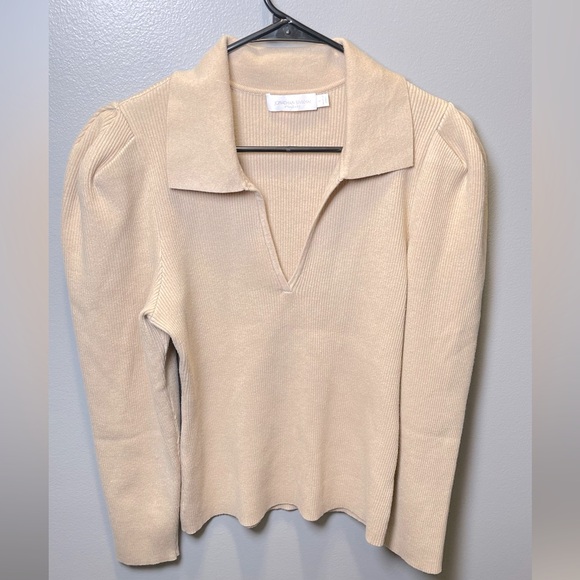 Jonathan Simkhai The‎ Kit Eco-Knit Collar Puff Sleeve Polo Sweater Dune Size L - Picture 1 of 4